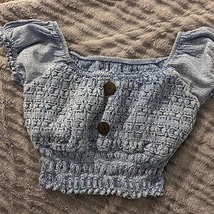 Blue Textured Crop Top with Buttons